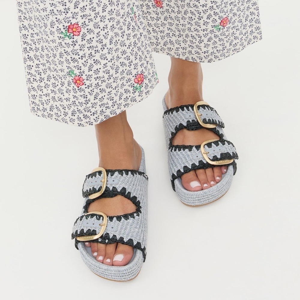 Crochet Platform Footbed Slide Sandals Womens 8 Blue Buckle Double Strap Summer